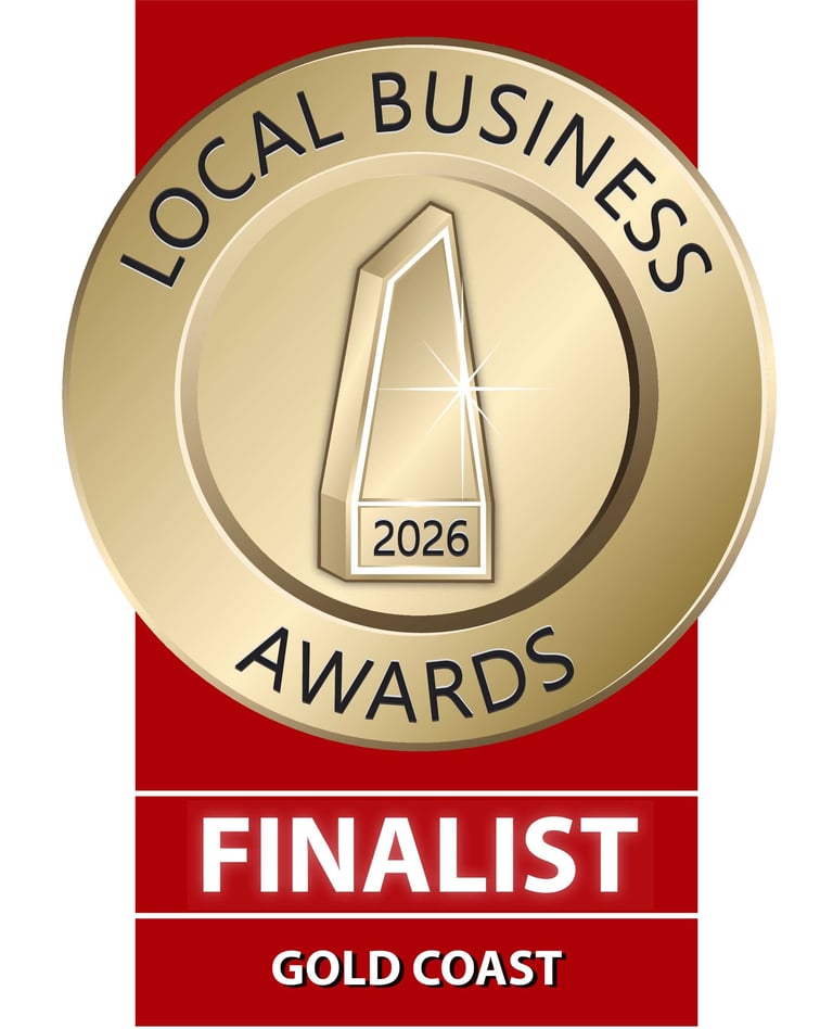 Local Business Awards 2026 Finalist badge for Gold Coast with gold medal and red ribbon banner